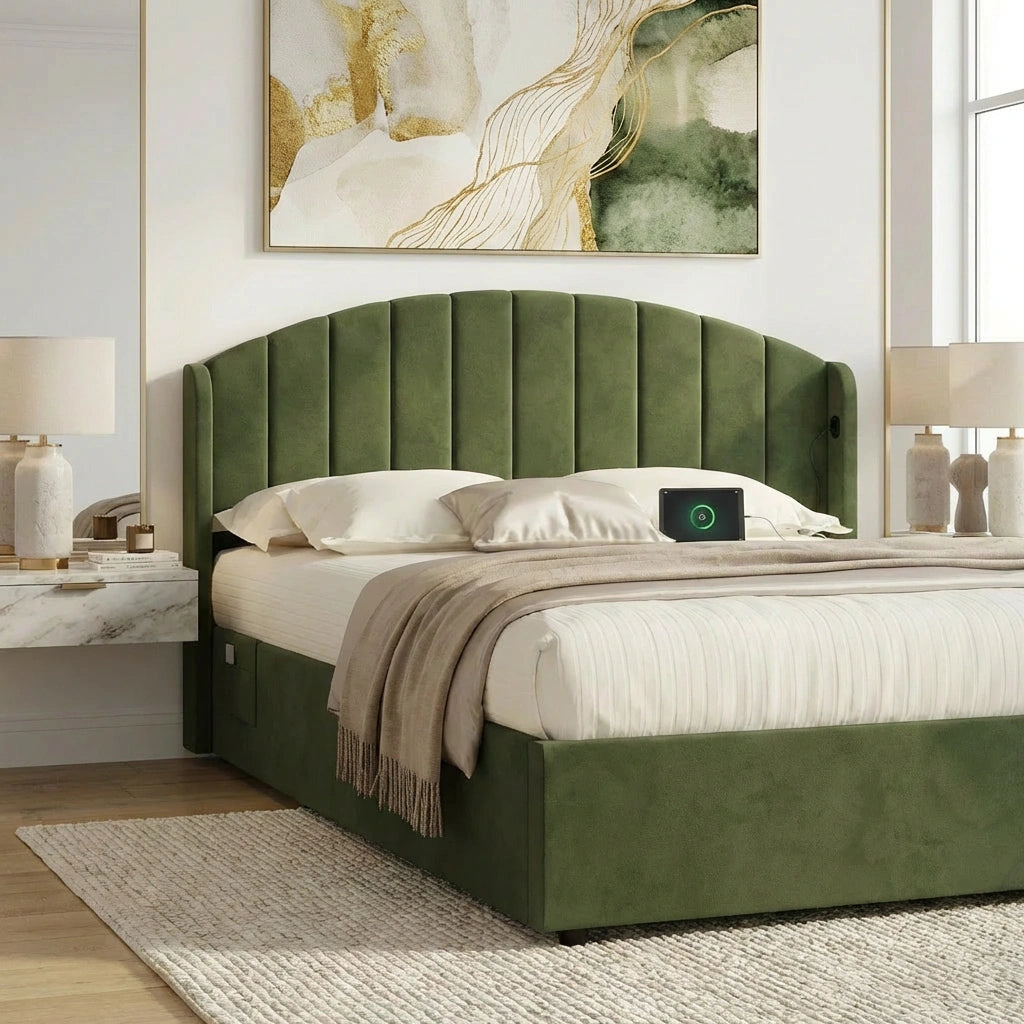 Allure Premium Soft Velvet Green Gas Lift Storage Bed | Bed and Storage Combo with USB Charging Built In