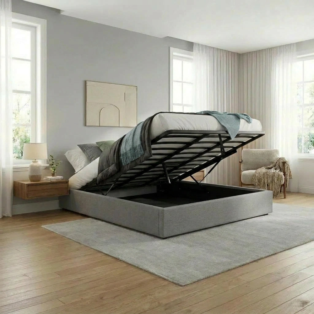 Premium Milano Grey Fabric Platform Bed Base | Two in One Gas Lift Storage Bed Base No Headboard