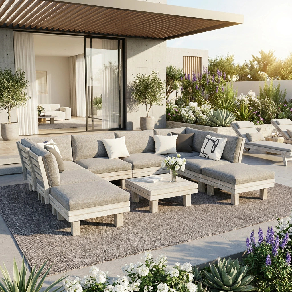 Milano Luxe Wooden Outdoor Lounge Set with Table | Modern Soft Extra Wide Cushions Outdoor Sofa Set