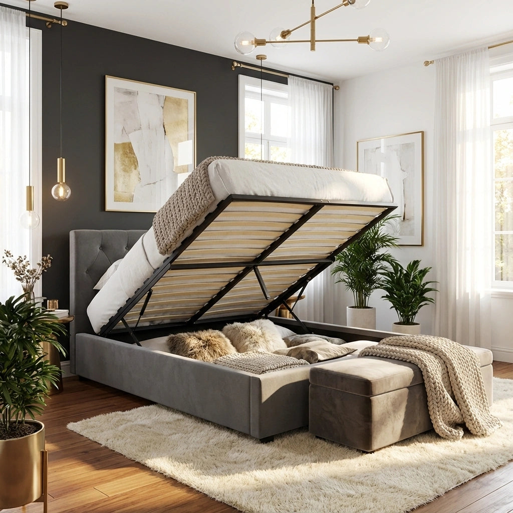 Premium Milano Grey Soft Velvet Fabric Gas Lift Storage Bed | Two In One Bed and Storage Combo Bed Frame