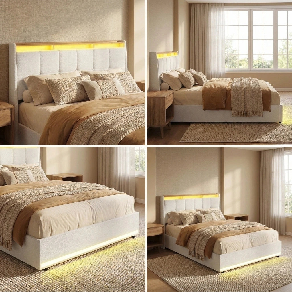 Verona Boucle LED Gas Lift Storage Bed | White Fabric Space Saver Ambient Lighting Bed Frame