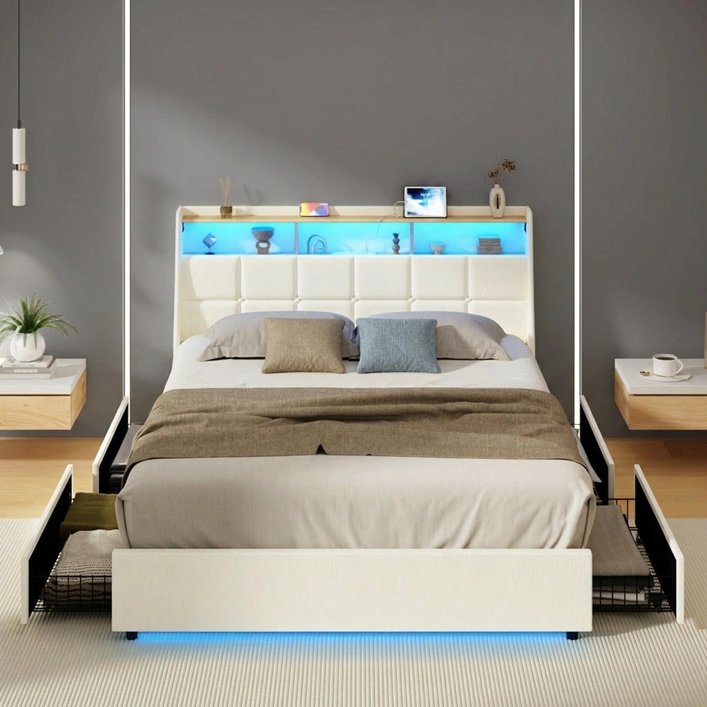 Amaro Beige LED Storage Bed with USB Charging | Fabric Headboard Storage LED Lights Bed Frame