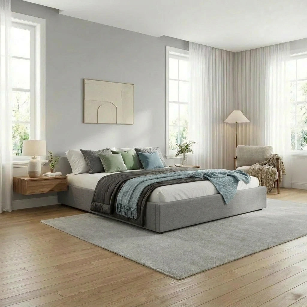 Premium Milano Grey Fabric Platform Bed Base | Two in One Gas Lift Storage Bed Base No Headboard