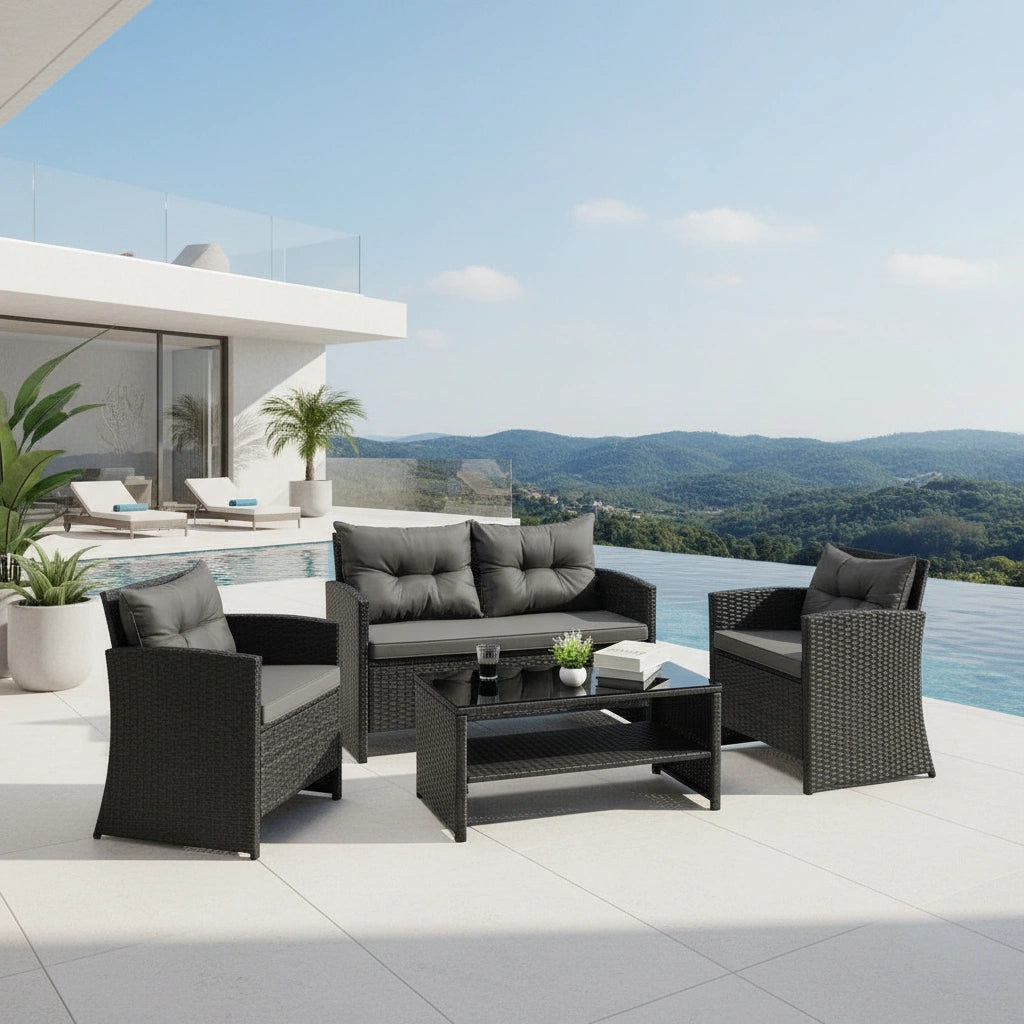 Luxury 4pc Wicker Outdoor Furniture Lounge Set | 4 Piece Rattan Sofa Chair Table Patio Set