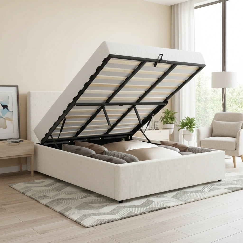 Premium Milano White Boucle Fabric Gas Lift Storage Bed | Two In One Bed and Storage Combo