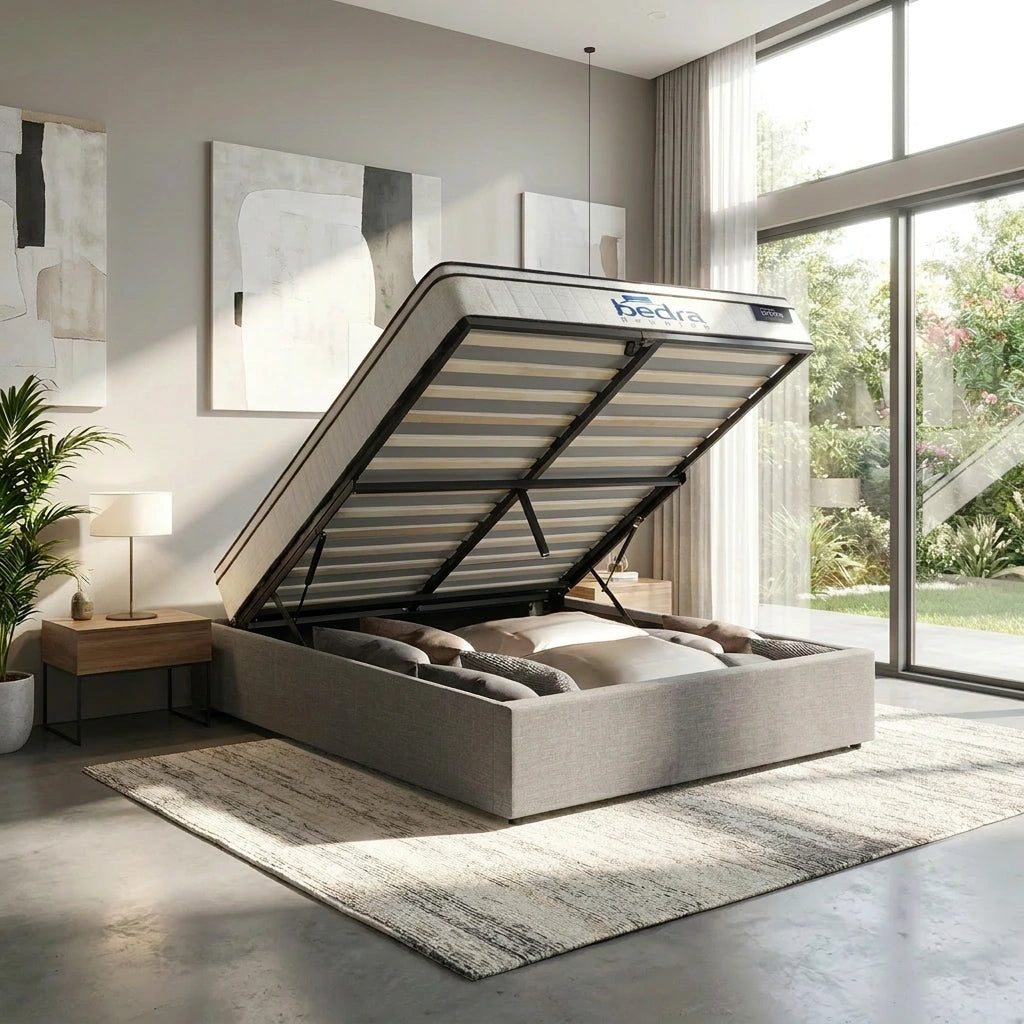 Premium Milano Grey Fabric Platform Bed Base | Two in One Gas Lift Storage Bed Base No Headboard
