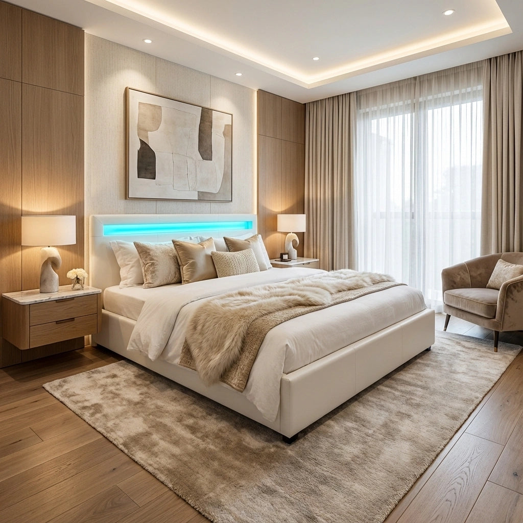 Premium Milano White PU Leather LED Gas Lift Storage Bed | Two In One White Bed Frame and Storage Combo