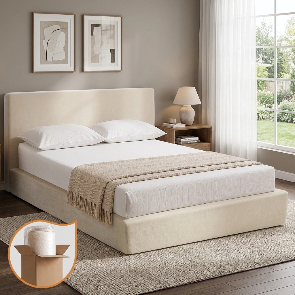 Velvet Cloud Soft Low Profile Compressed Bed with Metal Frame | Quick Assembly Instant Bed Frame in Chenille Beige