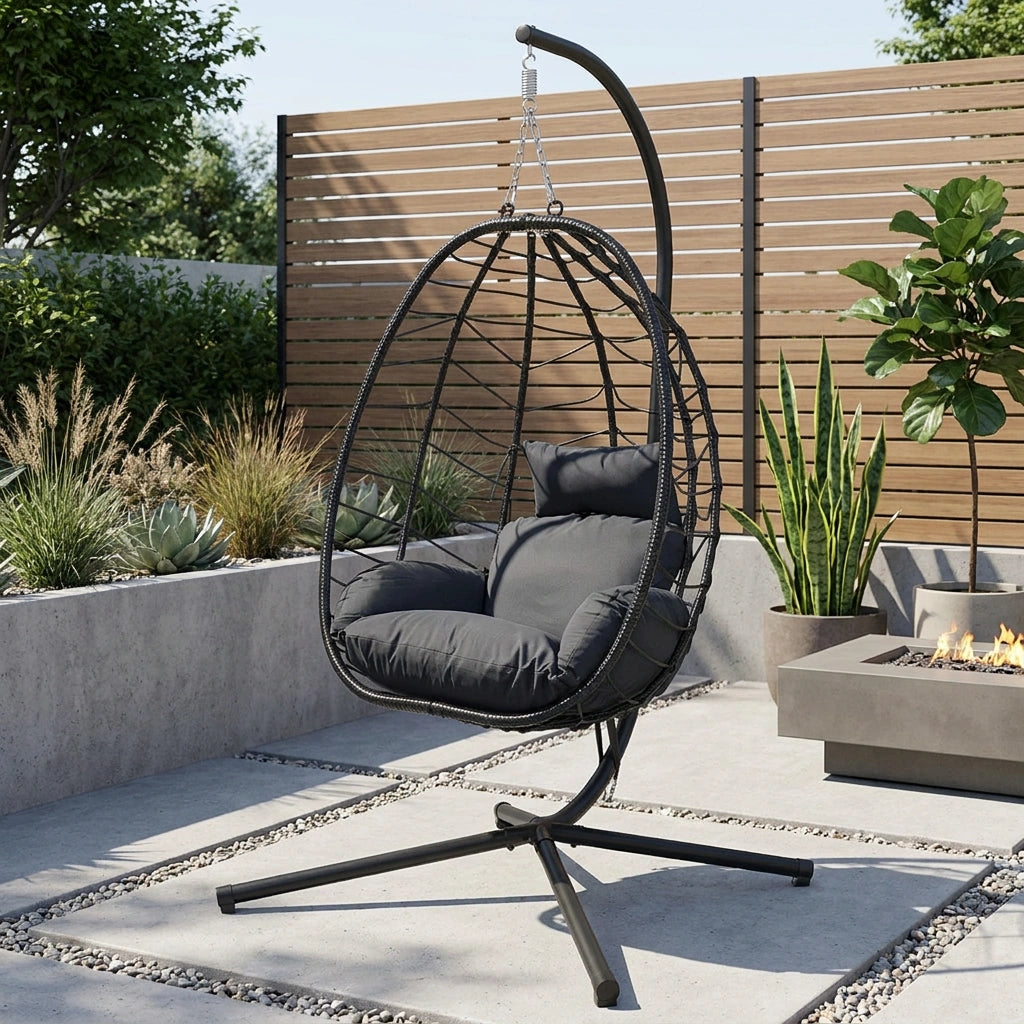 Milano Soft Padded Luxe Rattan Outdoor Egg Chair | Modern Swinging Plush Egg Chair