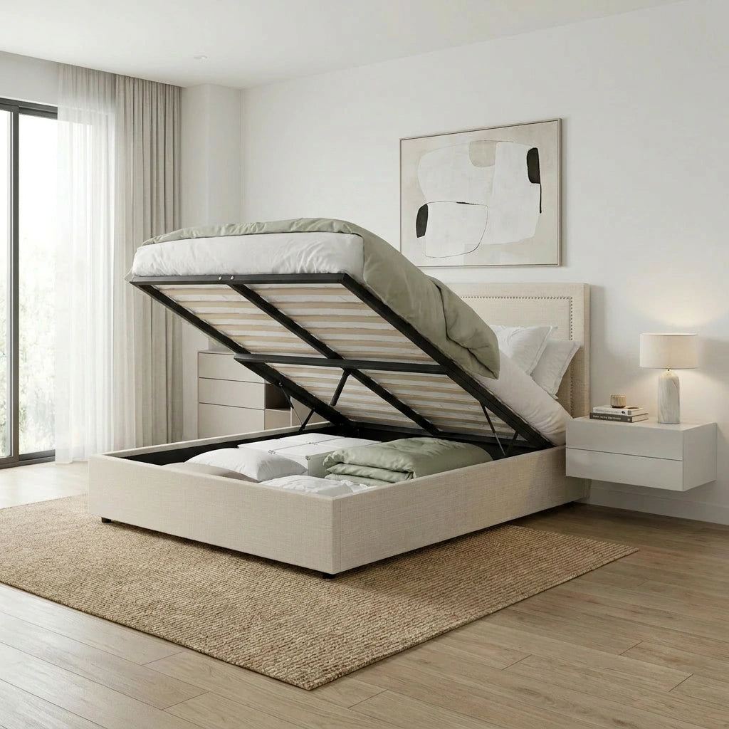 Scandi Luxe Linen Fabric Stud Trim Gas Lift Storage Bed | Premium Upholstered Storage Combo Bed Frame