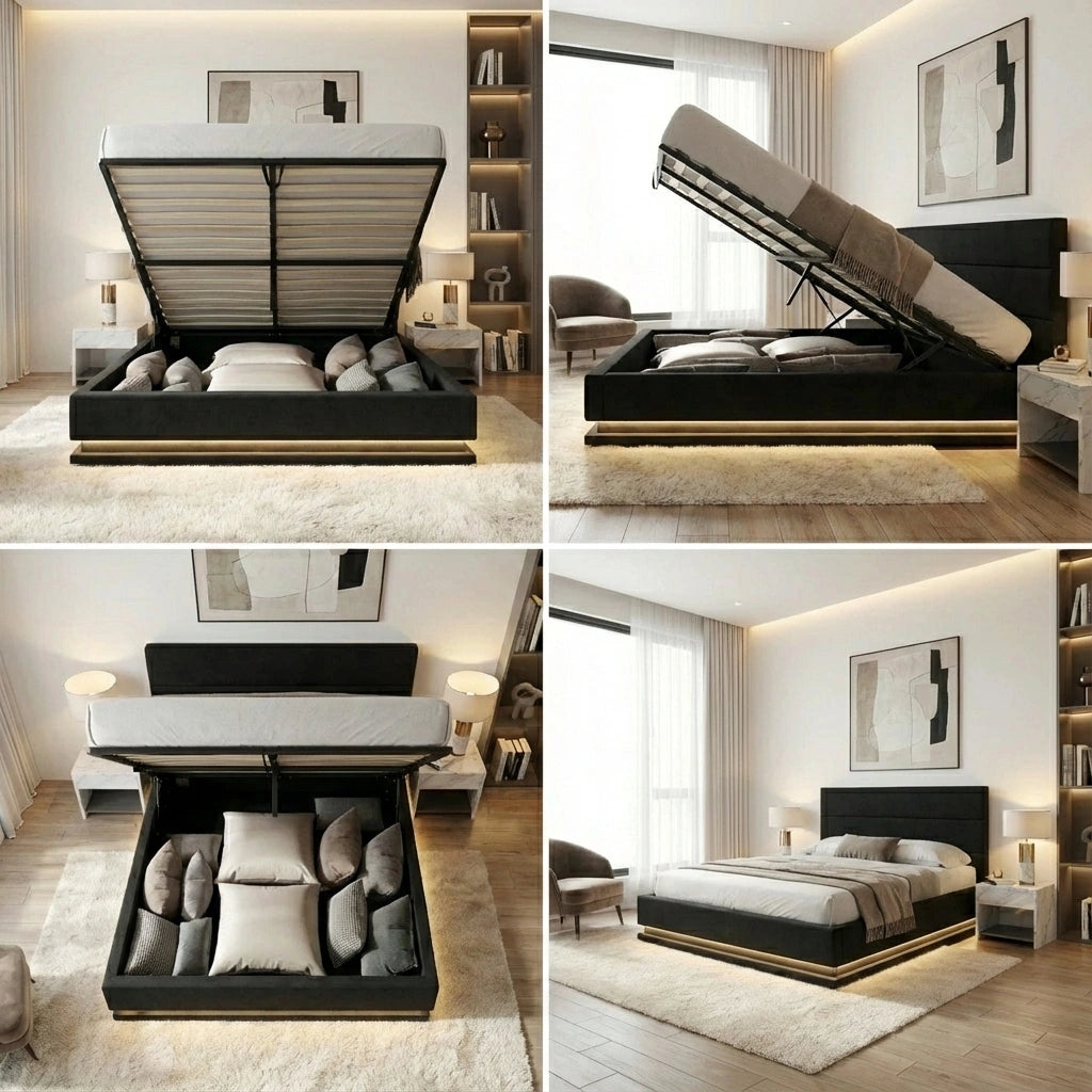 Carlo Supreme PU Leather LED Bed Frame | Black PU Leather Gas Lift Storage Bed