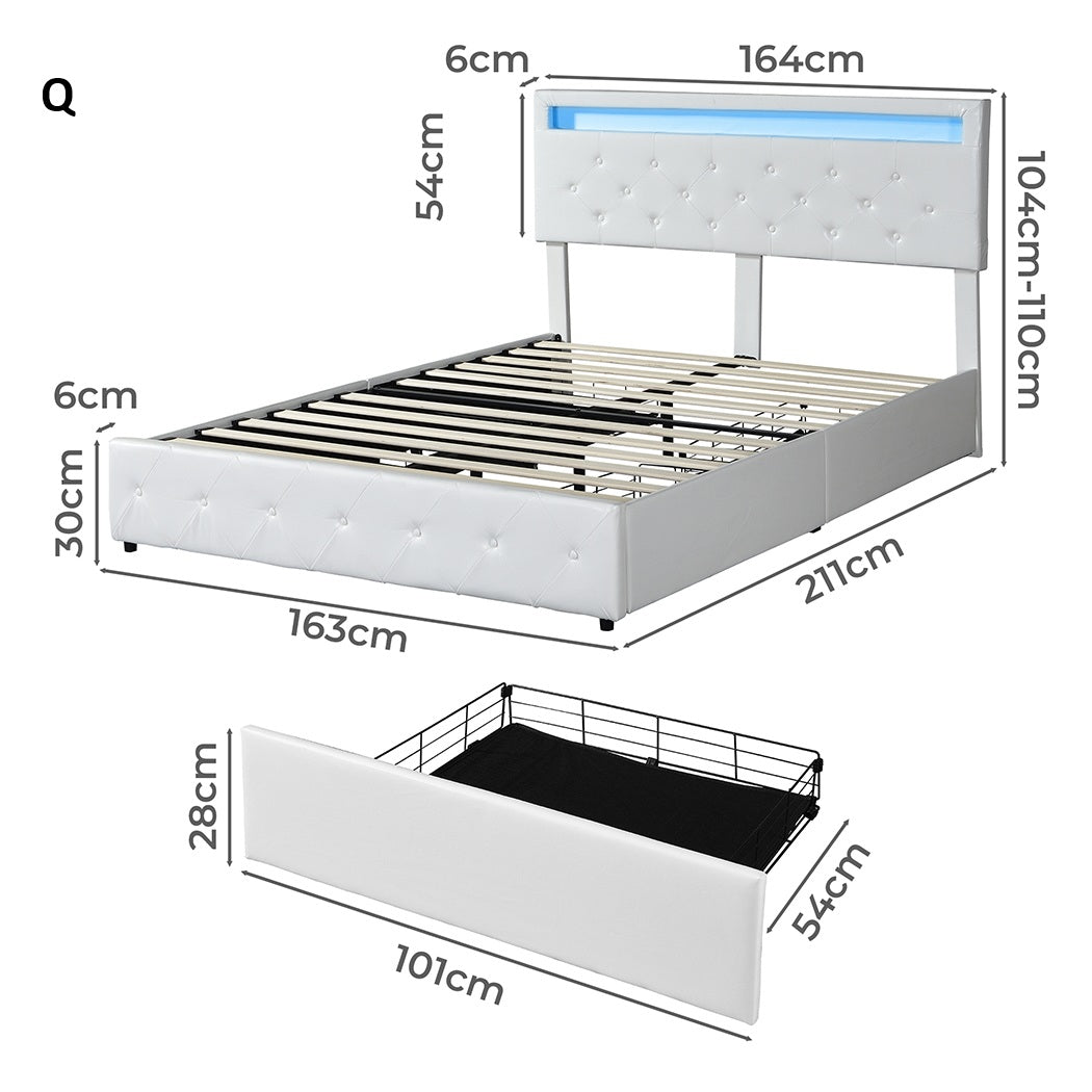 Duomo Blanco LED PU Leather Storage Bed with USB and 4 Draws | Multi Functional Storage LED Lights Bed Frame