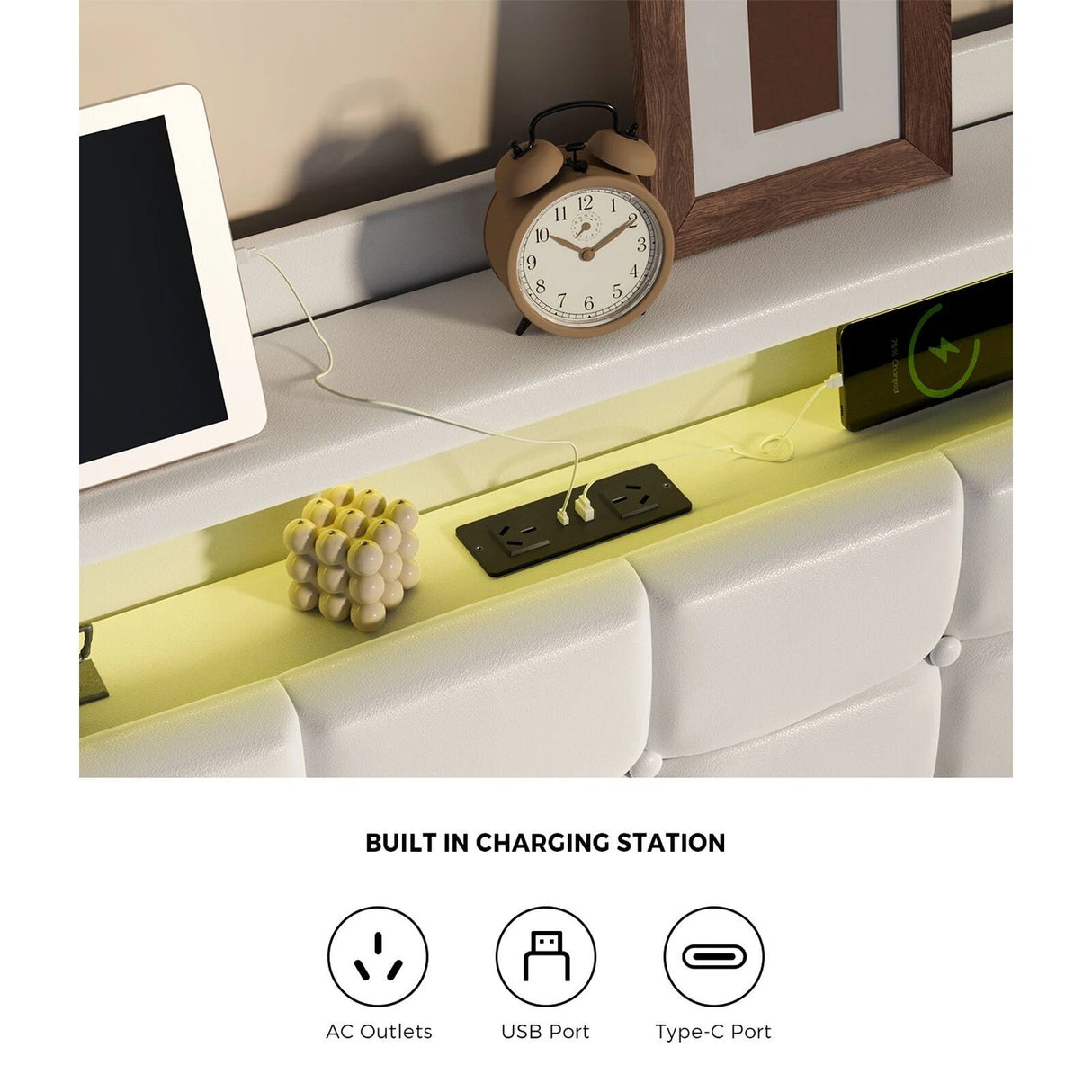 Monterro LED Gas Lift Storage Bed with USB Charging | PU Leather White LED Lights Bed Frame Dual Storage