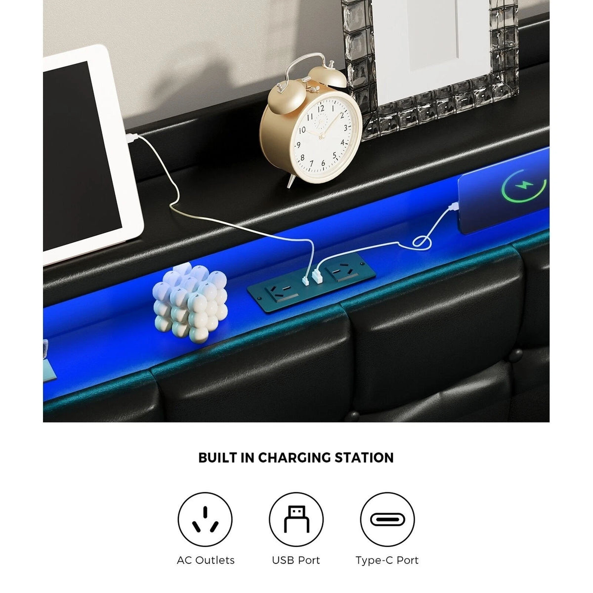 Nero LED Gas Lift Storage Bed with USB Charging | PU Leather Black LED Lights Bed Frame Dual Storage