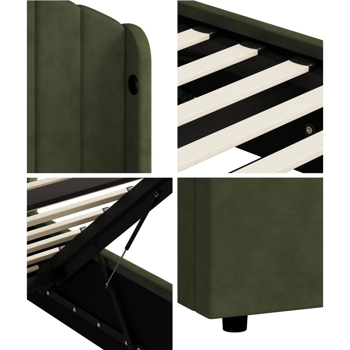 Allure Premium Soft Velvet Green Gas Lift Storage Bed | Bed and Storage Combo with USB Charging Built In