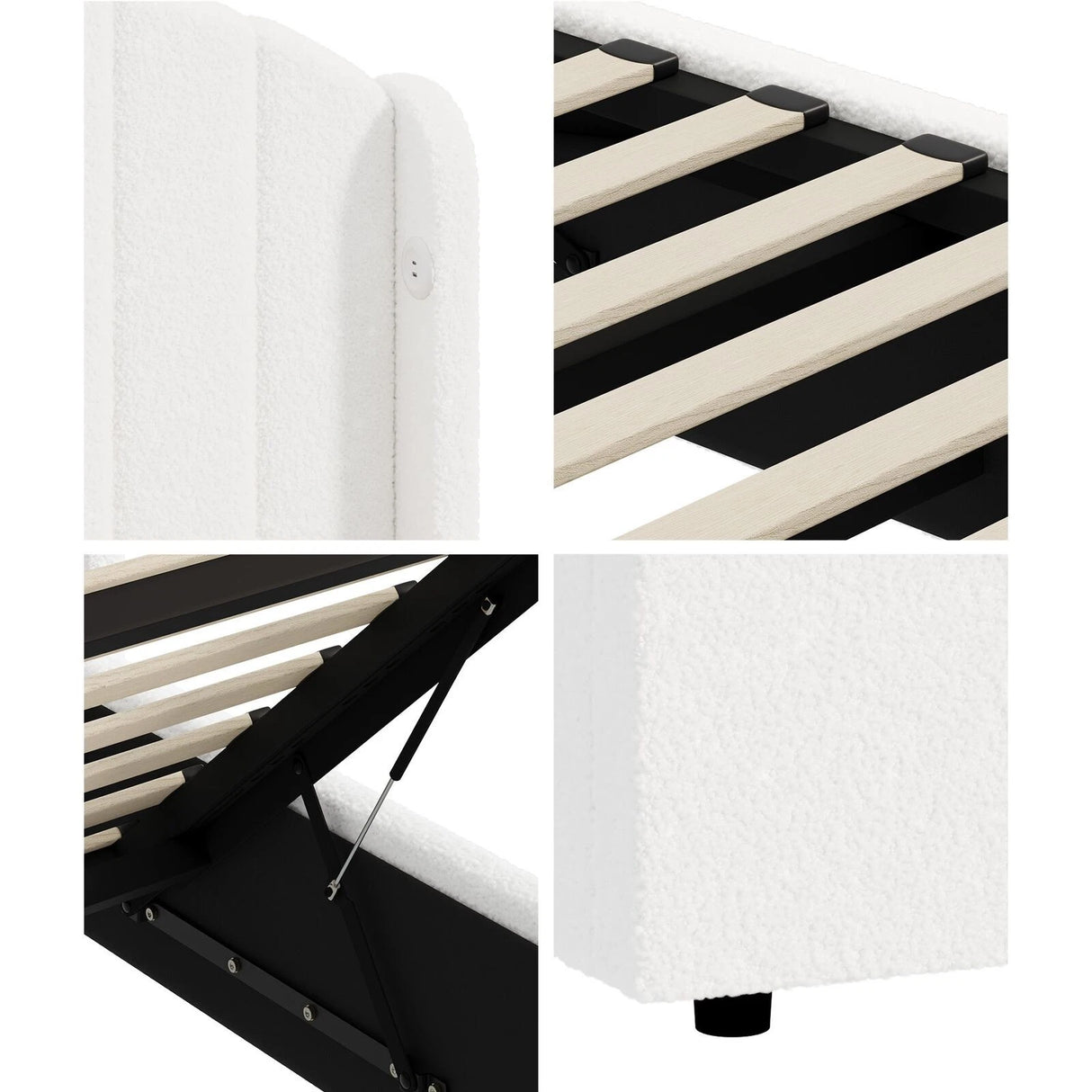 Allure Teddy Boucle Premium Gas Lift Storage Bed |White Bed and Storage Combo with USB Charging Built In