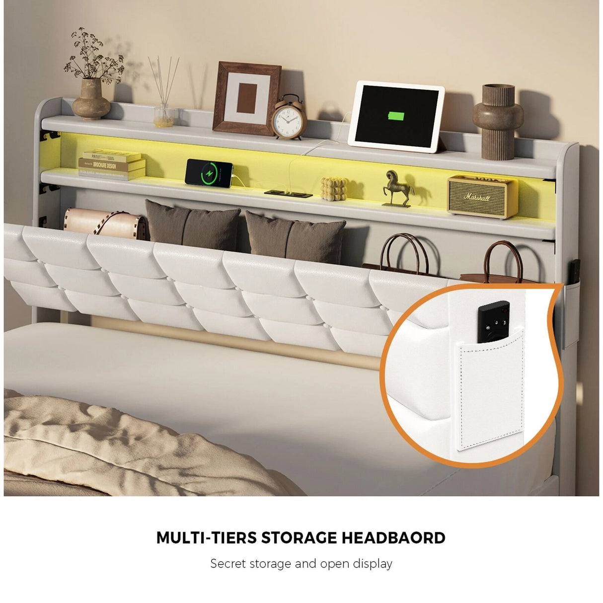 Monterro LED Gas Lift Storage Bed with USB Charging | PU Leather White LED Lights Bed Frame Dual Storage