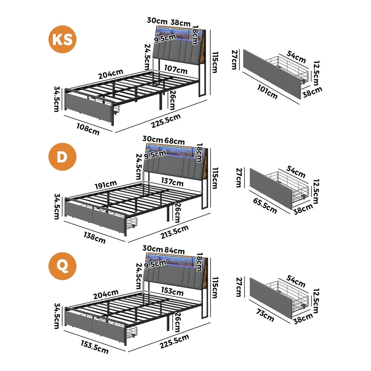 Coogee LED Storage Bed with USB Charging | Premium Grey Fabric LED Lights Bed Metal Frame Front Draws