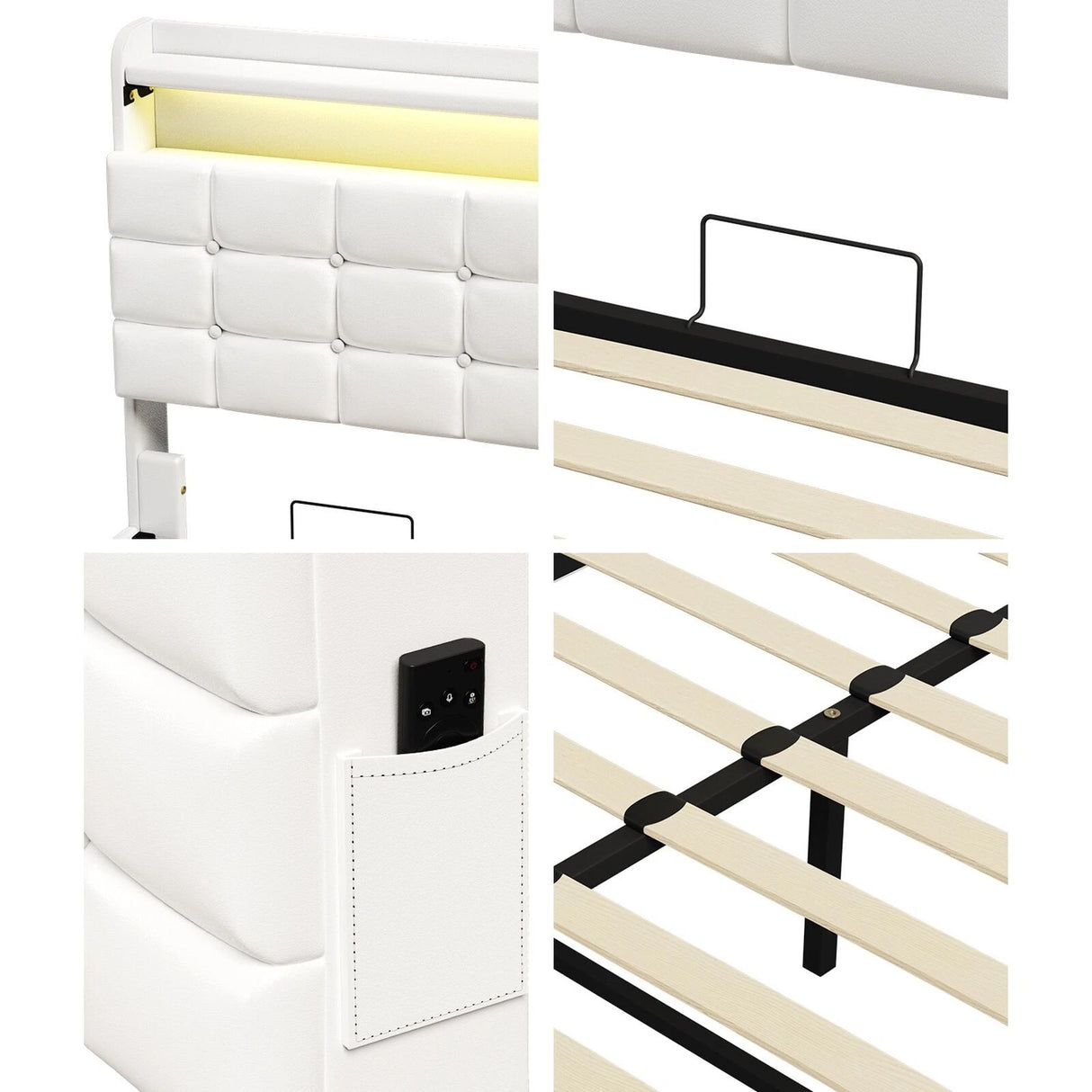 Monterro LED Gas Lift Storage Bed with USB Charging | PU Leather White LED Lights Bed Frame Dual Storage