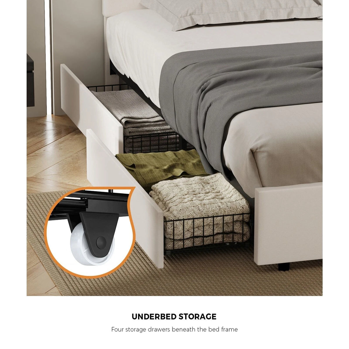 Kensington Padded Fabric Beige Bed | Cushioned Upholstered Luxe Fabric Bed Frame