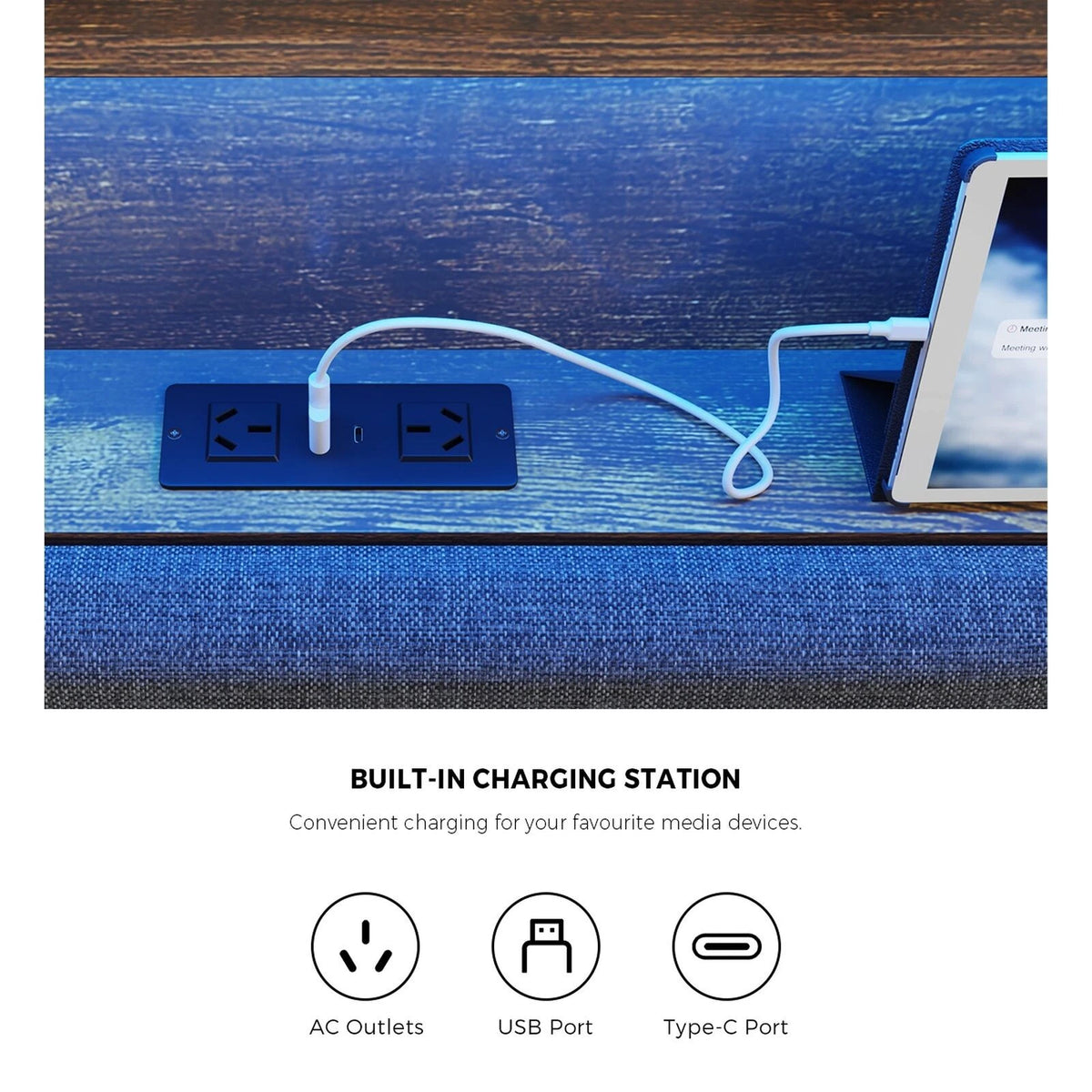 Coogee LED Storage Bed with USB Charging | Premium Grey Fabric LED Lights Bed Metal Frame Front Draws