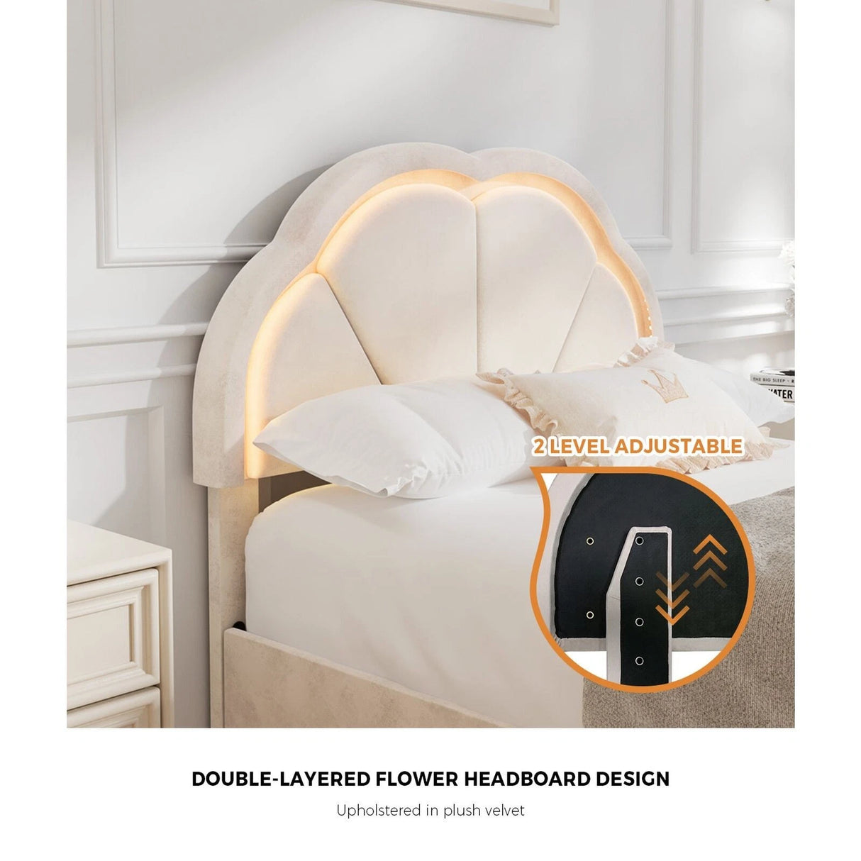 Mermaid Beige Plush Velvet LED Storage Bed | Beautiful Soft Touch LED Headboard 4 Draw Bed Frame