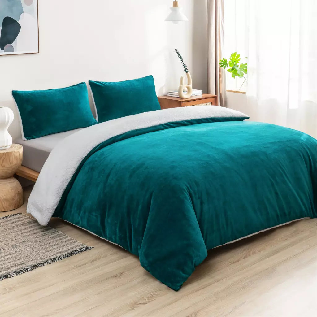 Plush 2 in 1 Teddy Sherpa Quilt Cover Set and Blanket | Warm Sherpa Bedding Set