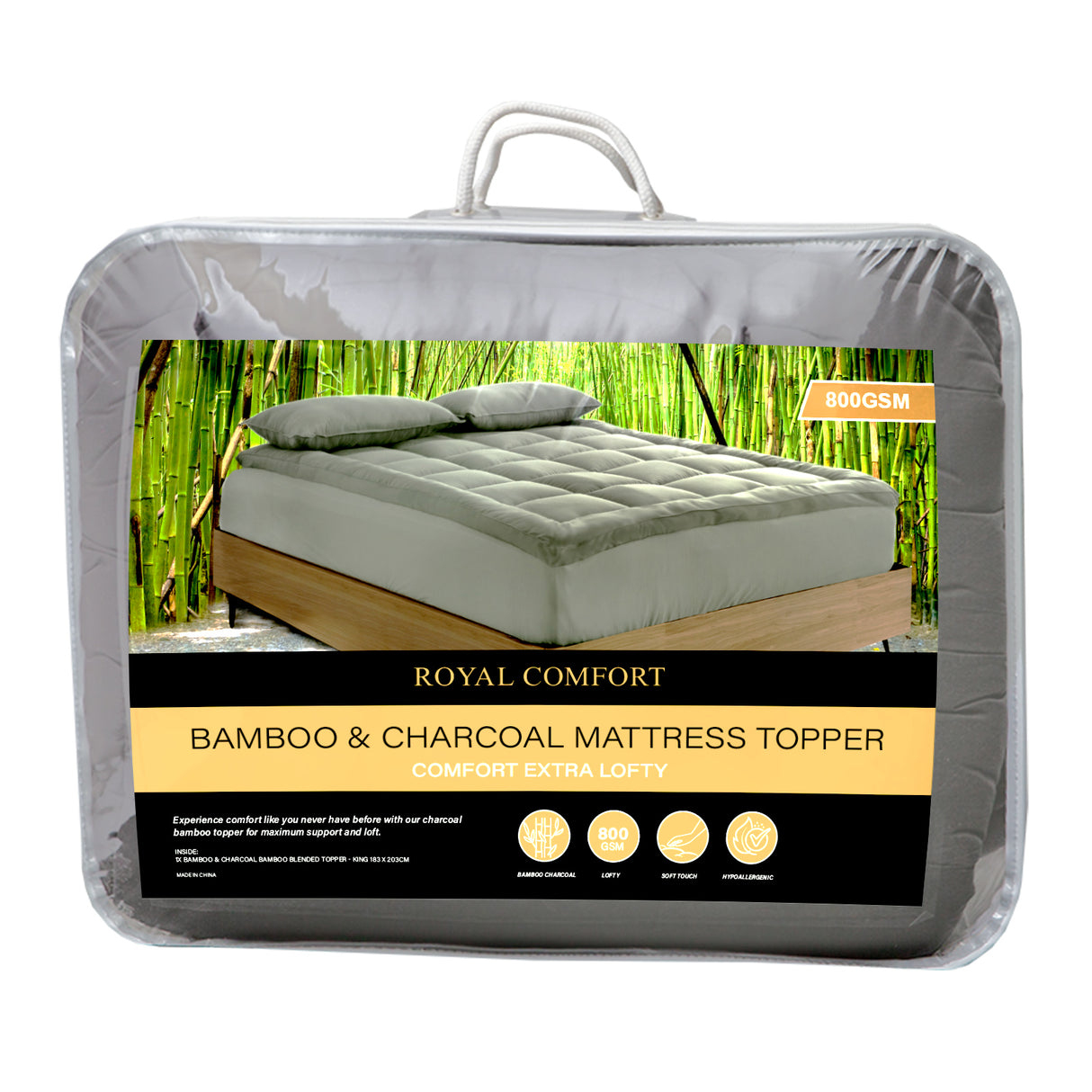 Essenza 800GSM Charcoal Infused Bamboo Blend Topper | Fitted Bamboo Charcoal Luxury Plush Mattress Topper | 5 Sizes
