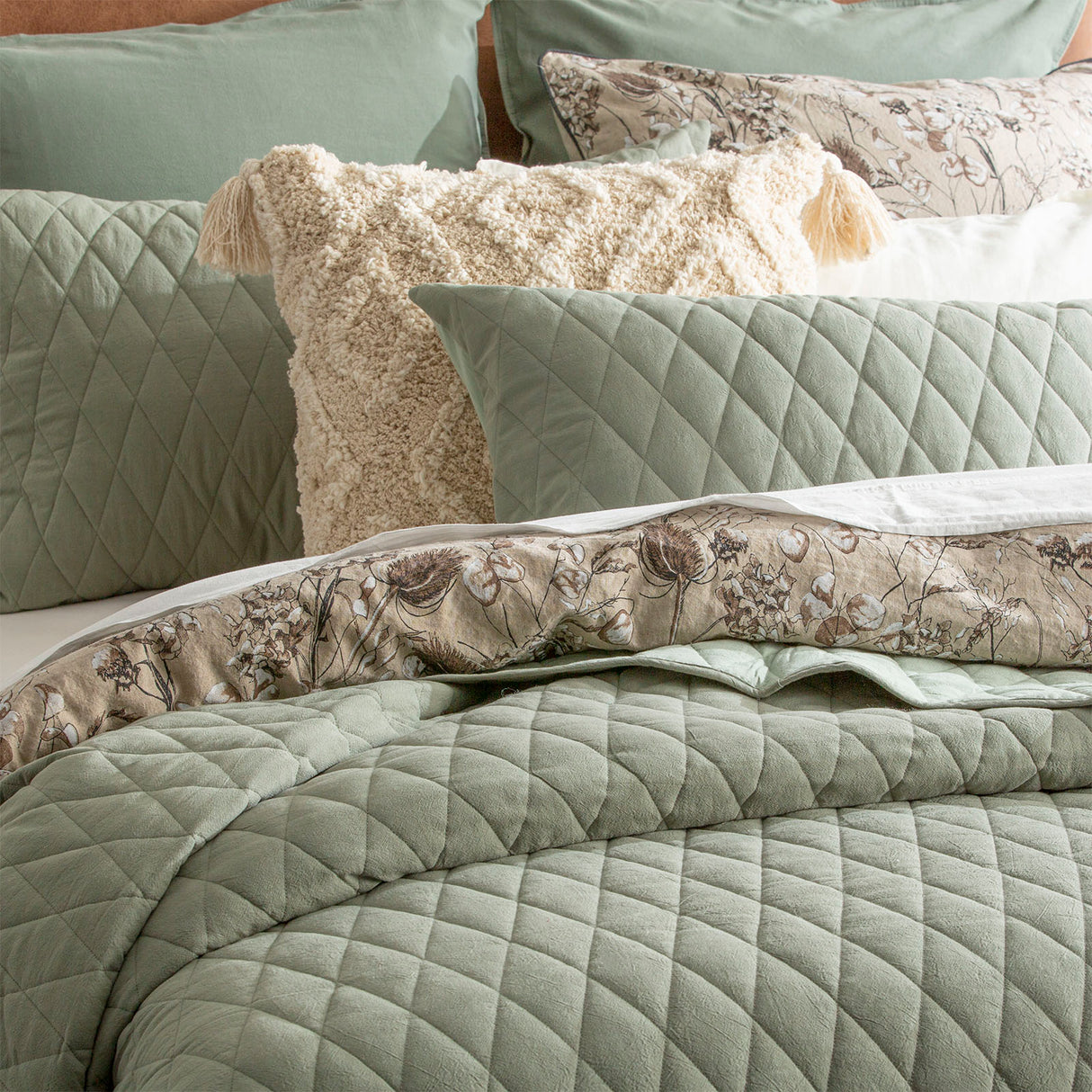 Reversible Diamante Vintage Stone Washed 100% Cotton Quilted Coverlet Set by Renee Taylor