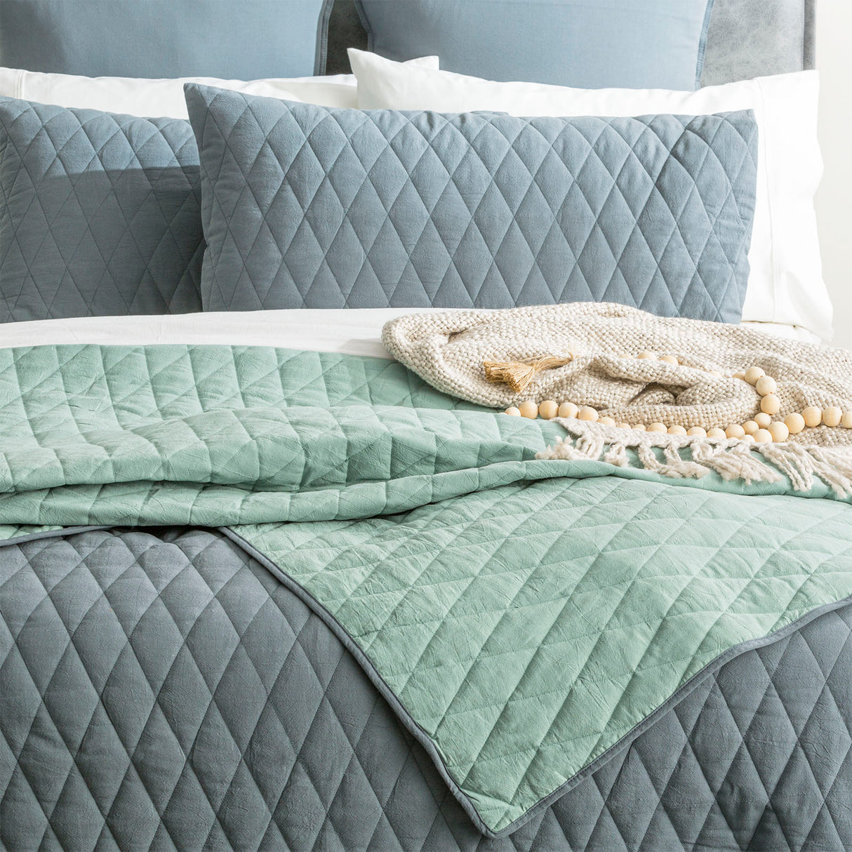 Reversible Diamante Vintage Stone Washed 100% Cotton Quilted Coverlet Set by Renee Taylor