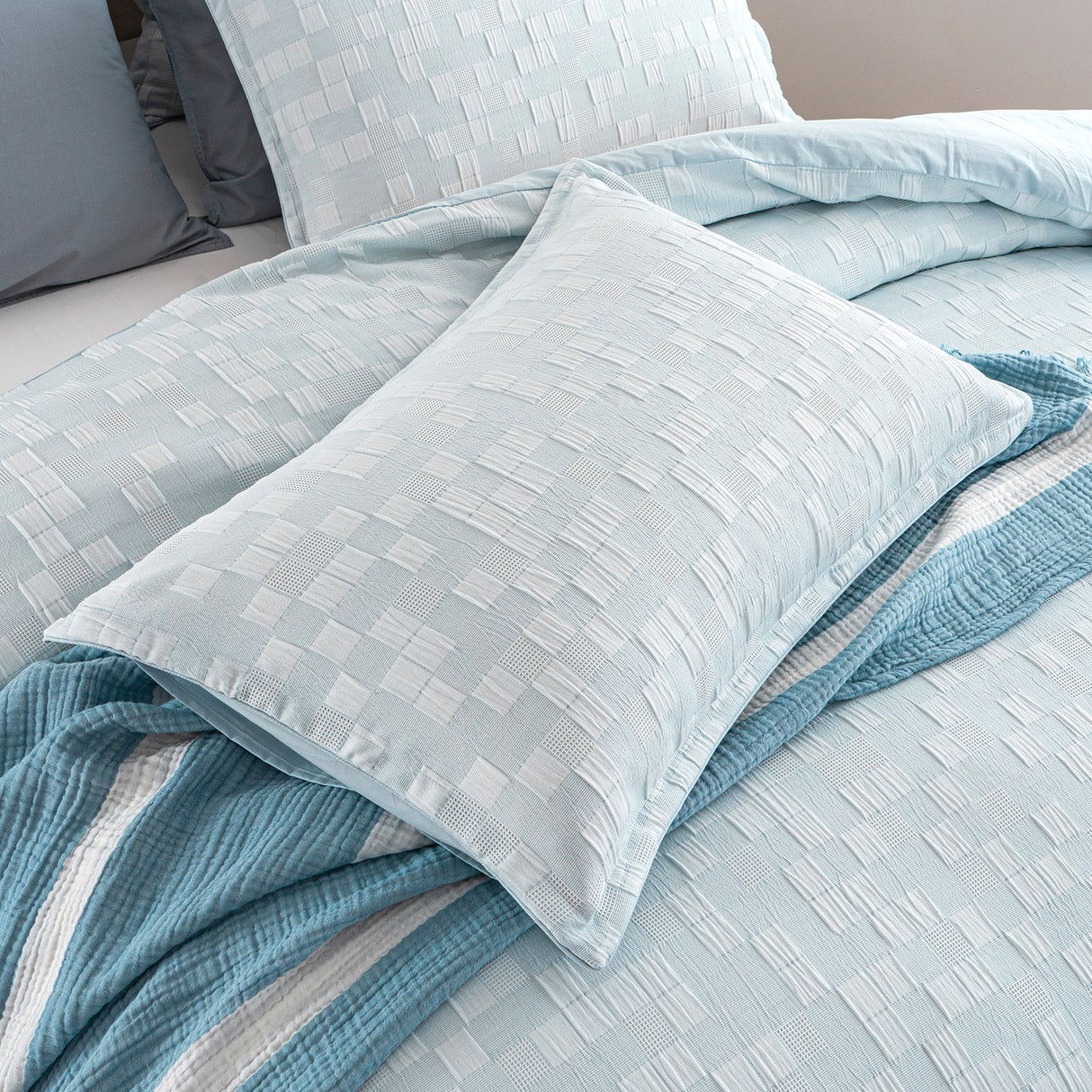 250TC Textured Jacquard Milo Checks Quilt Cover Set in French Blue by Renee Taylor