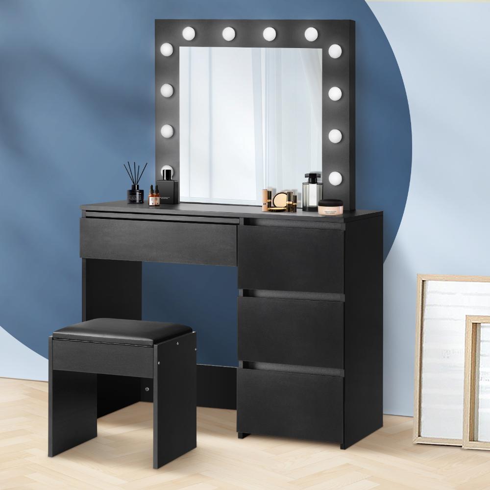 Nora LED Mirror Dressing Table and Stool Set | 12 Light Hollywood Light Makeup Desk Mirror and Storage