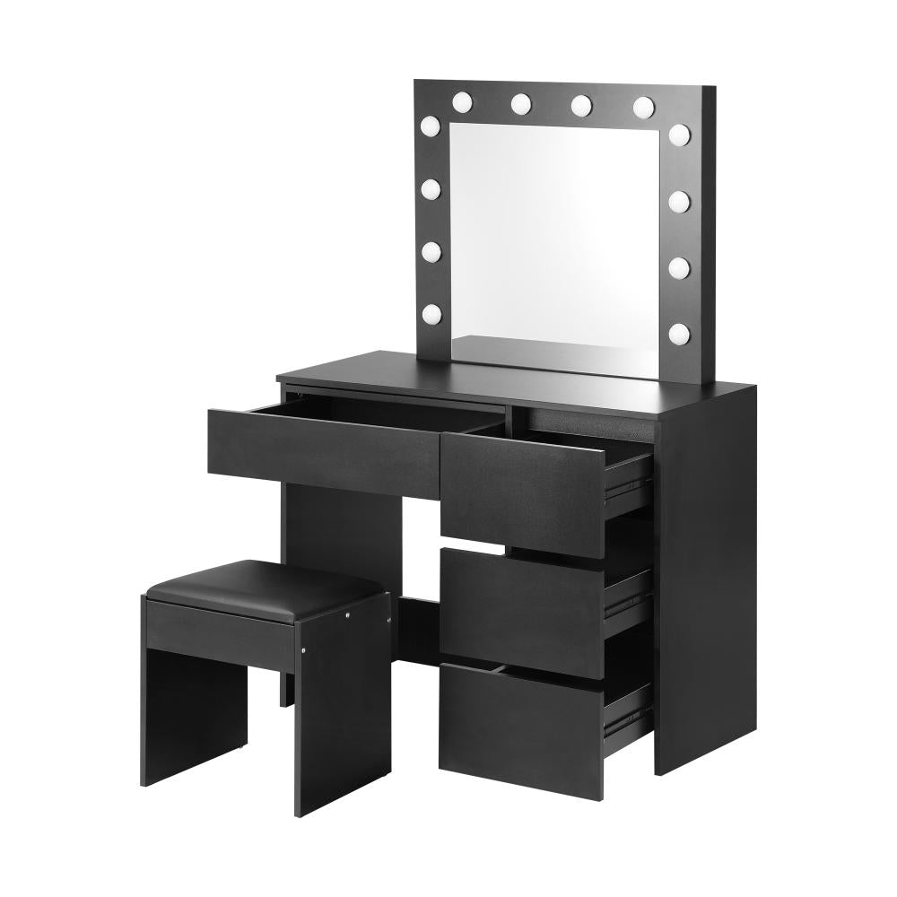 Nora LED Mirror Dressing Table and Stool Set | 12 Light Hollywood Light Makeup Desk Mirror and Storage