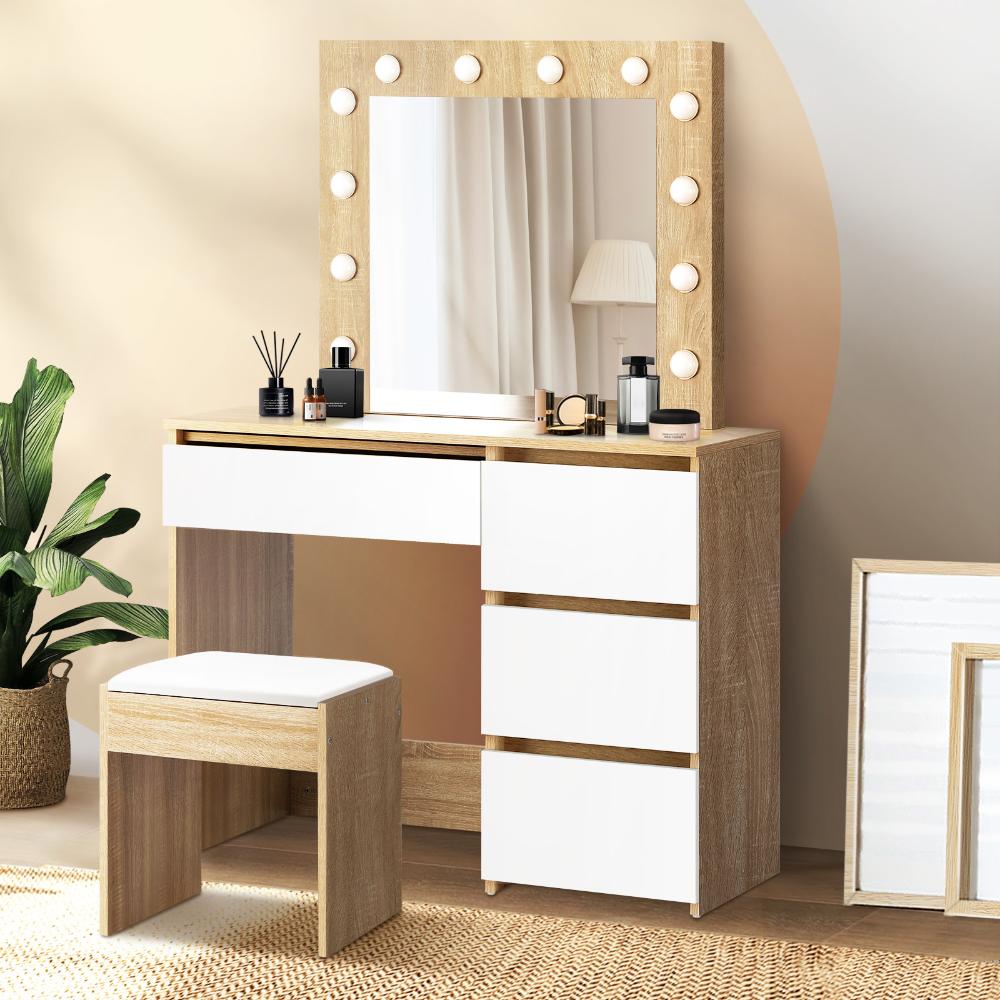 Nora LED Mirror Dressing Table and Stool Set | 12 Light Hollywood Light Makeup Desk Mirror and Storage