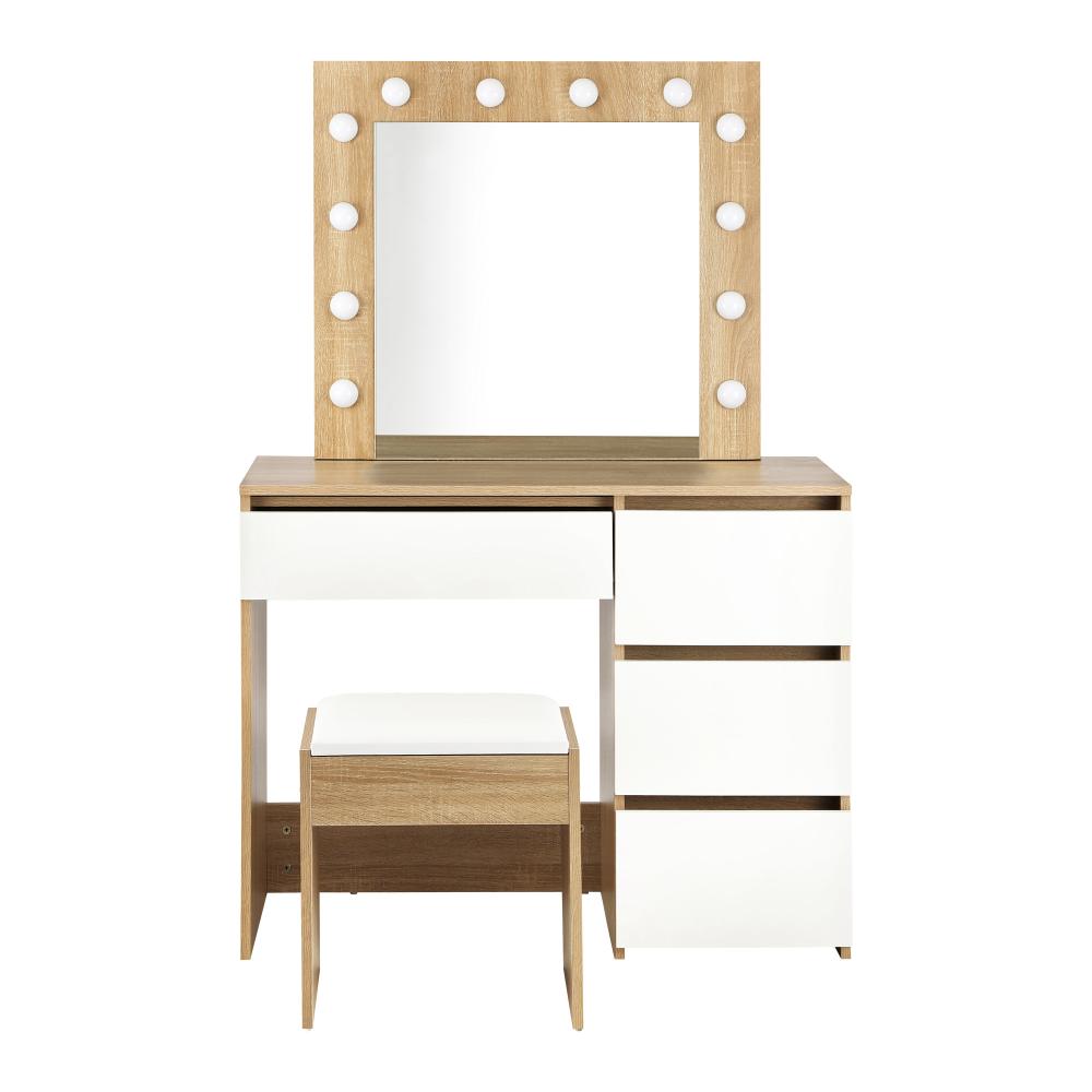 Nora LED Mirror Dressing Table and Stool Set | 12 Light Hollywood Light Makeup Desk Mirror and Storage