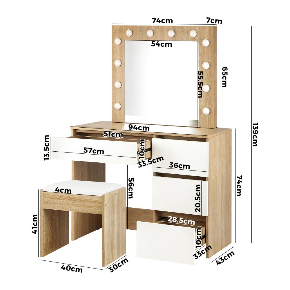 Nora LED Mirror Dressing Table and Stool Set | 12 Light Hollywood Light Makeup Desk Mirror and Storage