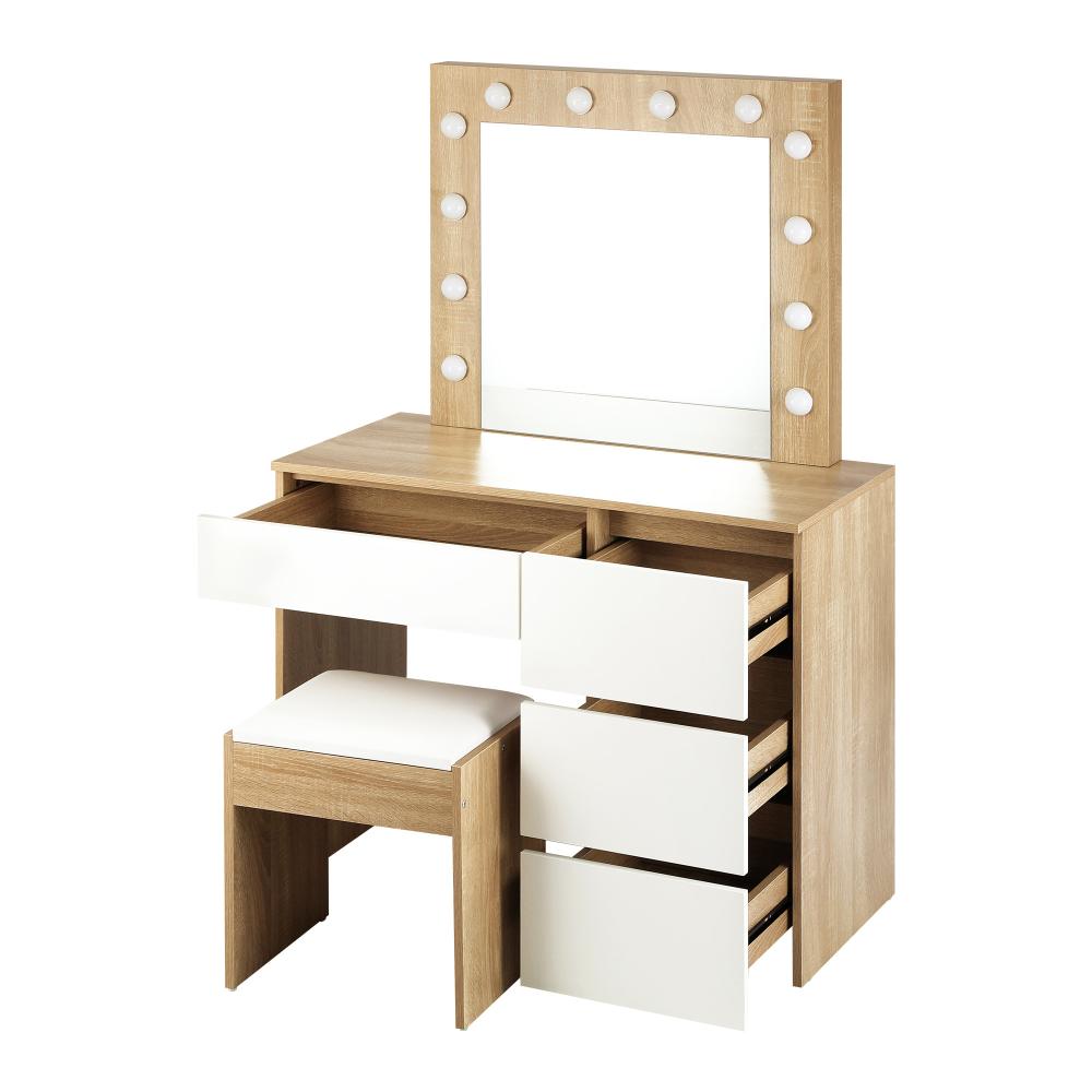 Nora LED Mirror Dressing Table and Stool Set | 12 Light Hollywood Light Makeup Desk Mirror and Storage