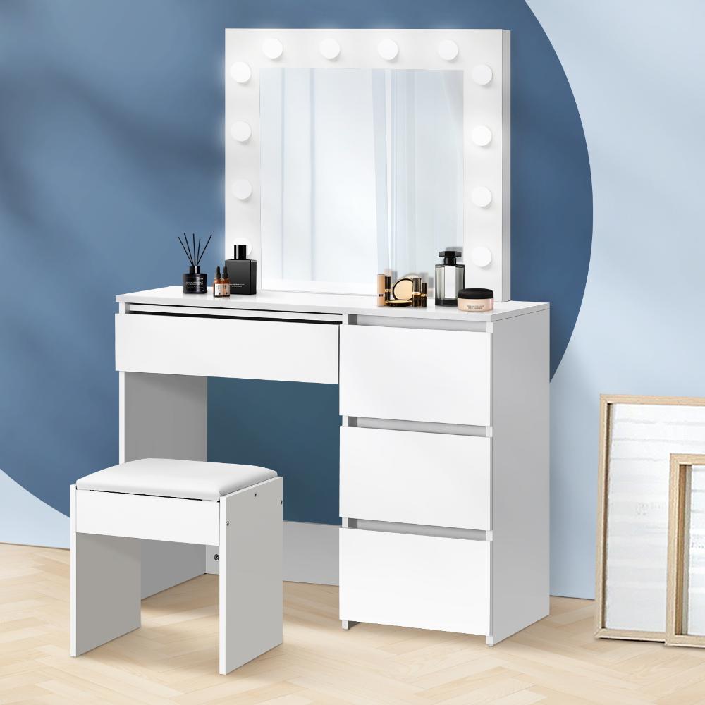 Nora LED Mirror Dressing Table and Stool Set | 12 Light Hollywood Light Makeup Desk Mirror and Storage