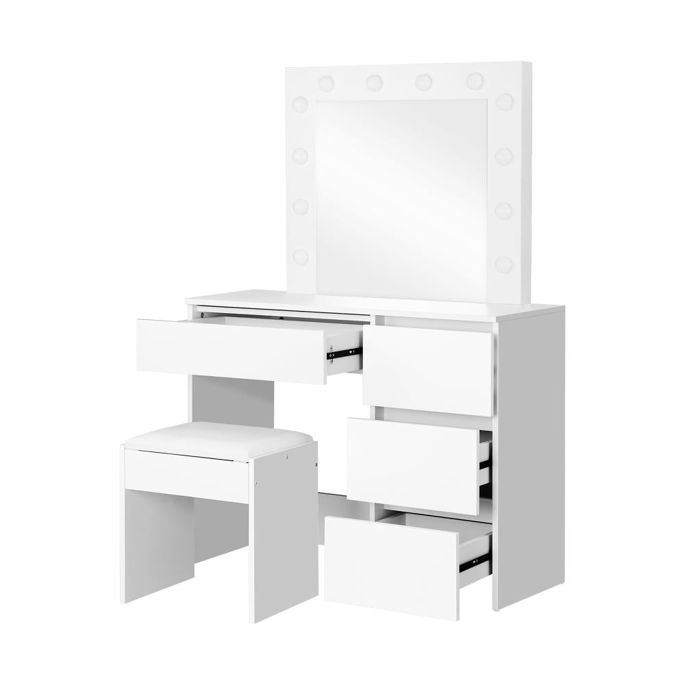 Nora LED Mirror Dressing Table and Stool Set | 12 Light Hollywood Light Makeup Desk Mirror and Storage