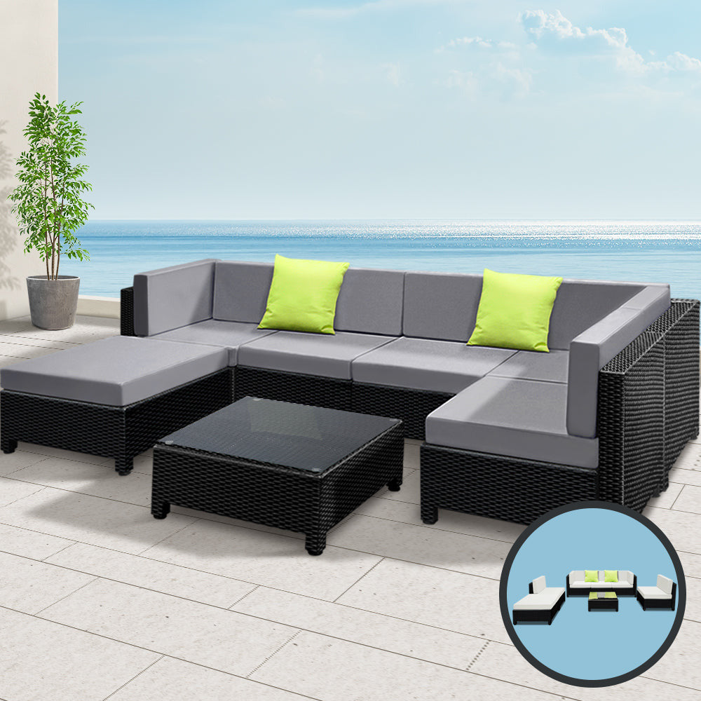 Belgrado Duos 7 Piece Wicker Outdoor Furniture Sofa Set with 2 Seat Cushion Sets | High Quality Rattan 7pc Outdoor Lounge Setting