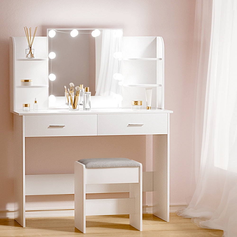 Starque LED Mirror Dressing Table and Makeup Stool Set | 10 Light Hollywood Mirror Makeup and Storage Unit