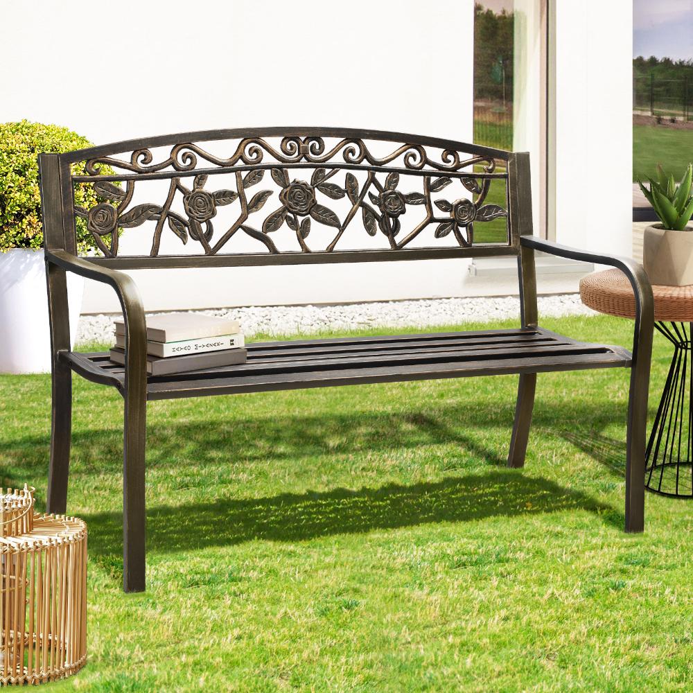 Premium Cast Iron & Steel Ornate Design Garden Bench | Outdoor Backyard Garden Bench