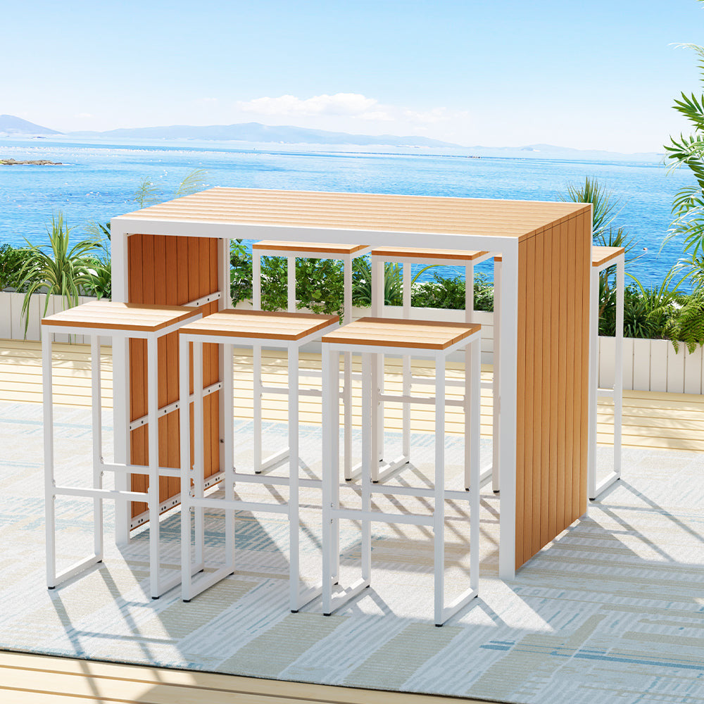 Amfore Pius 7 Piece Outdoor Bar Set | High Quality Steel 6 Seater White and Wood Patio Bistro Table Setting