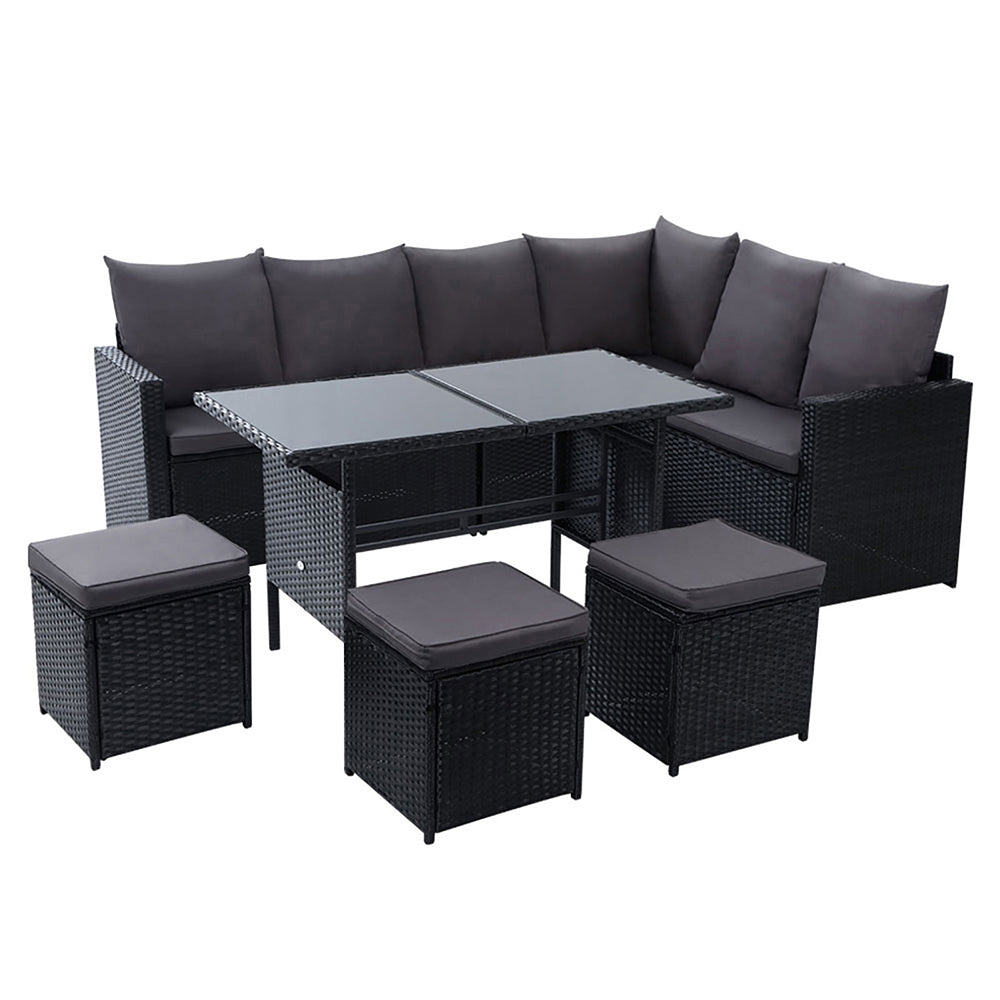 Budva Luxe 9 Piece Outdoor Wicker Furniture Patio Set | Modern Rattan Quality 9pc Sofa Set Outdoor Dining Set