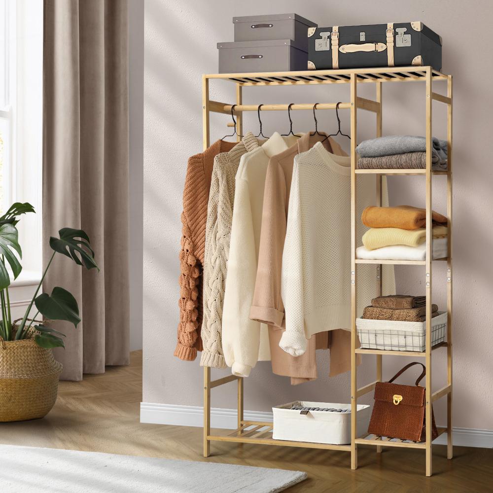 Bamboo Portable Wardrobe Hanging Clothes Rack and Storage Organizer