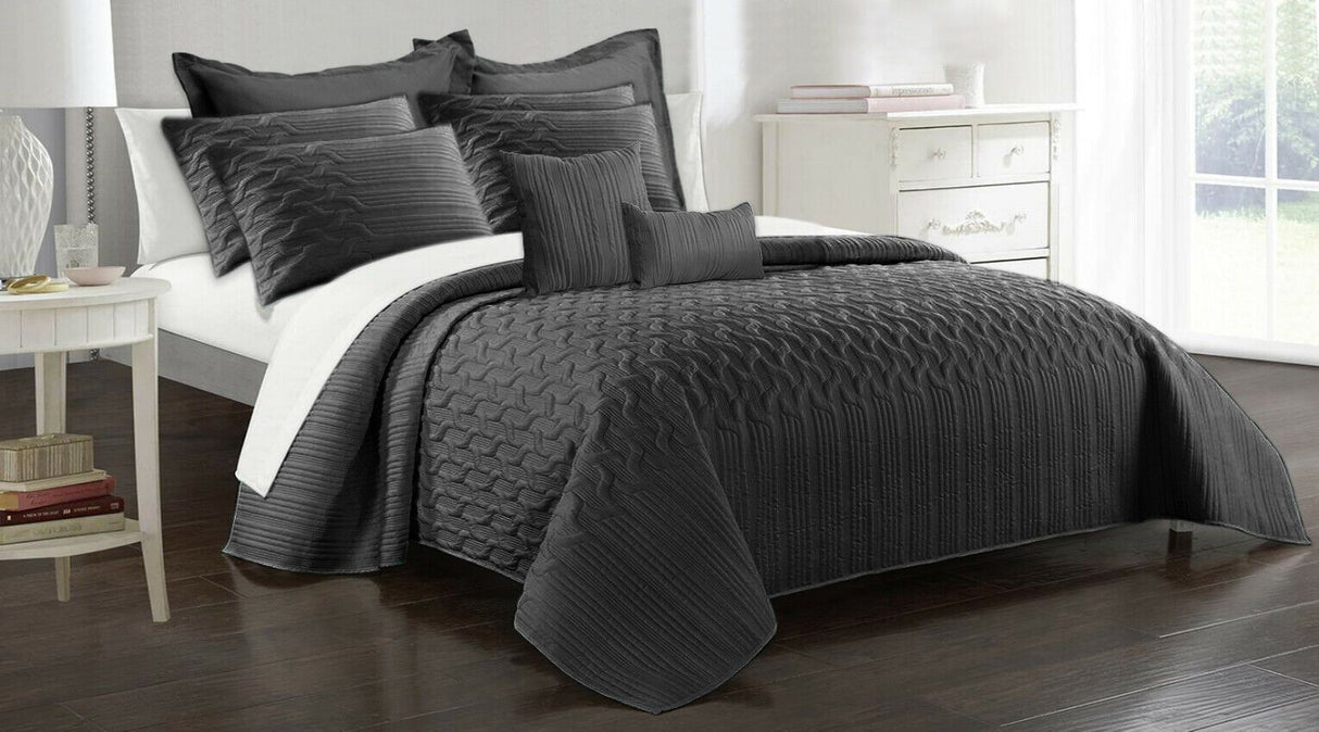 9pc Light Interlaced Comforter Set | 9 Piece All Seasons Cooling Coverlet Set | Modern Bedding Set | 2 Sizes - 5 Colours Quilts & Comforters Queen / Charcoal Ontrendideas Bed and Bath