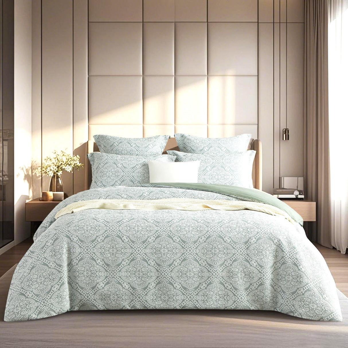 Allero 300TC Cotton Blend Jacquard Woven Quilt Cover Set by Renee Taylor in Sage