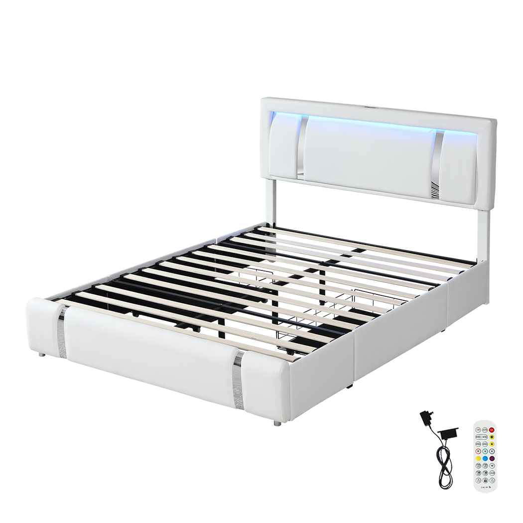Aria Luxury LED PU Leather 2 Draw Storage Bed with USB | Adjustable Headboard Soft Padded Bed Frame