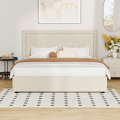 Scandi Luxe Linen Fabric Stud Trim Gas Lift Storage Bed | Premium Upholstered Storage Combo Bed Frame
