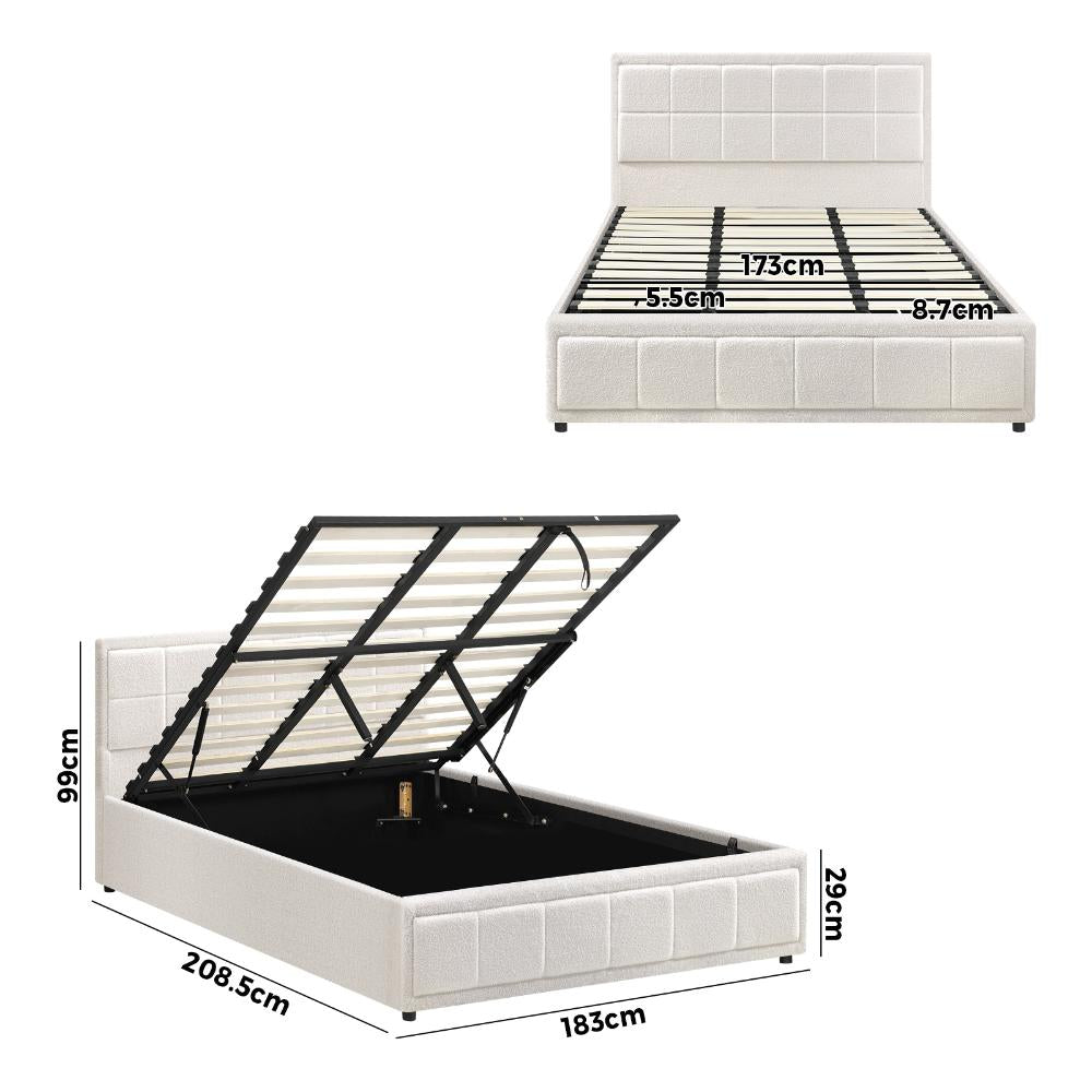 Teddy Milo Boucle Fabric Deluxe Gas Lift Storage Bed Frame  | Embossed Fabric Gas Lift Modern Bed